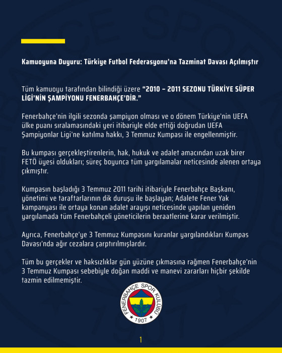 Fenerbahçe TFF ye tazminat davası açtı